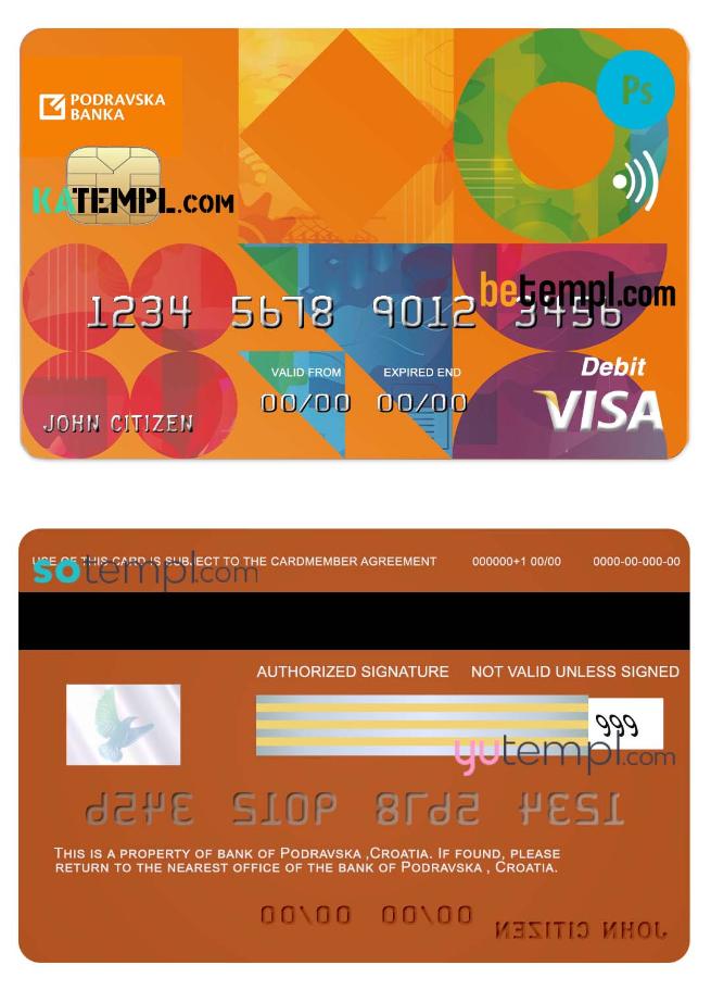 Croatia Podravska bank visa credit card template in PSD format, fully editable